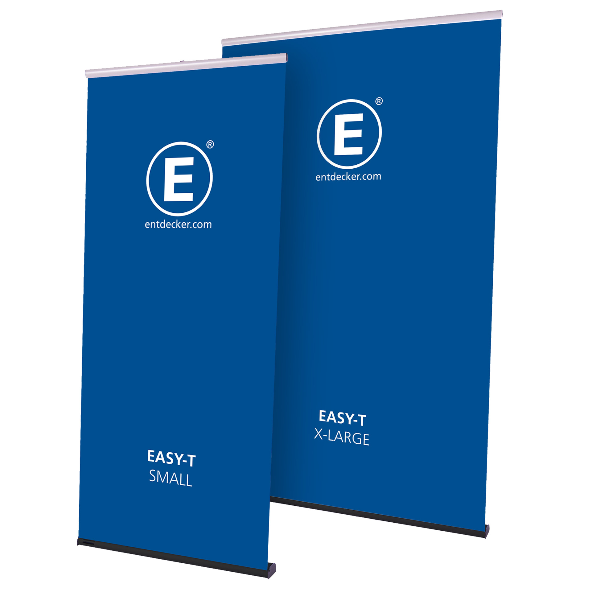 Zwei Roll-Up Banner des Produkts Rollup Easy-T Roll Up Set Small X Large in blauer Farbe mit dem Logo E und der Website entdecker.com.