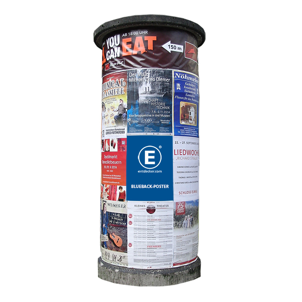 Zwei Blueback-Poster von ENTDECKER, eines in Blau mit dem Text POSTER und eines in Weiß.