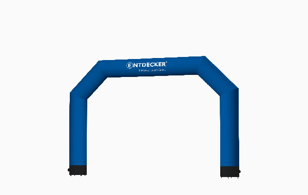 Blauer Torbogen aus Luftmaterial, Modell Vento Torbogen, Größe Set Small, mit dem Logo von ENTDECKER.