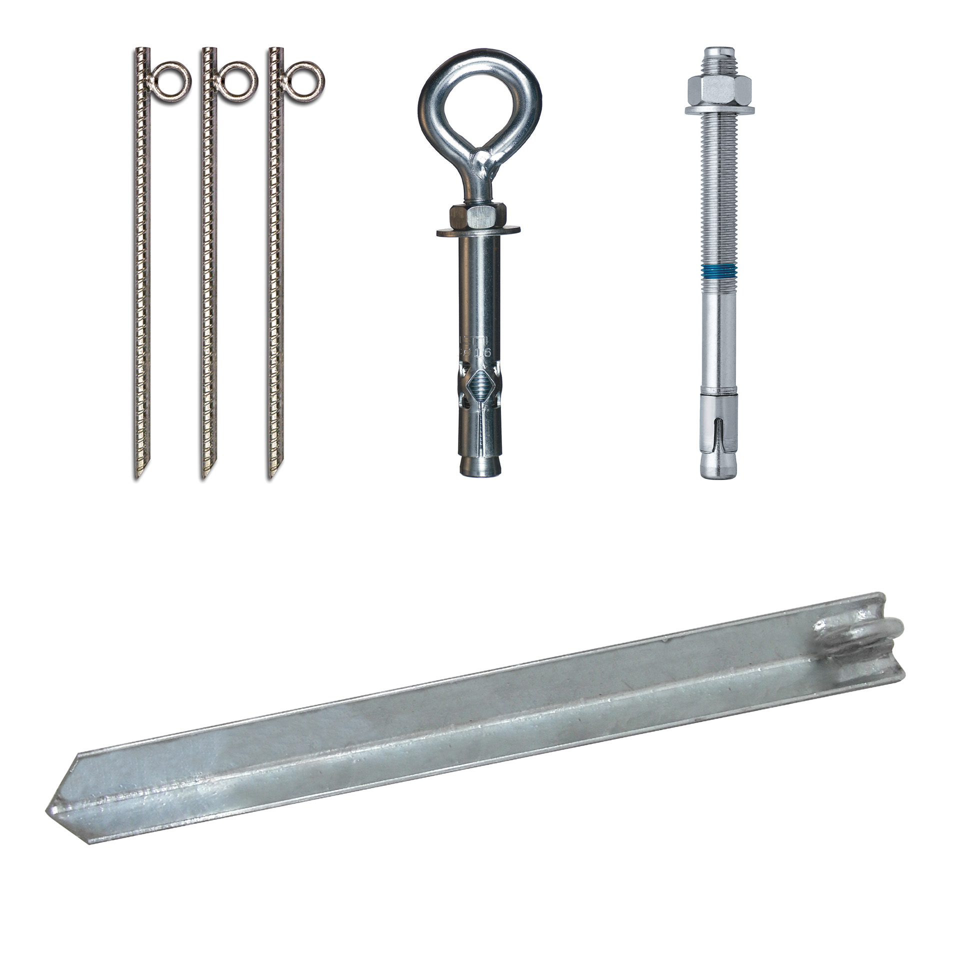 Abspannset für das Sternzelt JH Static, bestehend aus drei Erdspießen, einem Ösenbolzen, einem Spannschraubenset und einem Bodenanker.