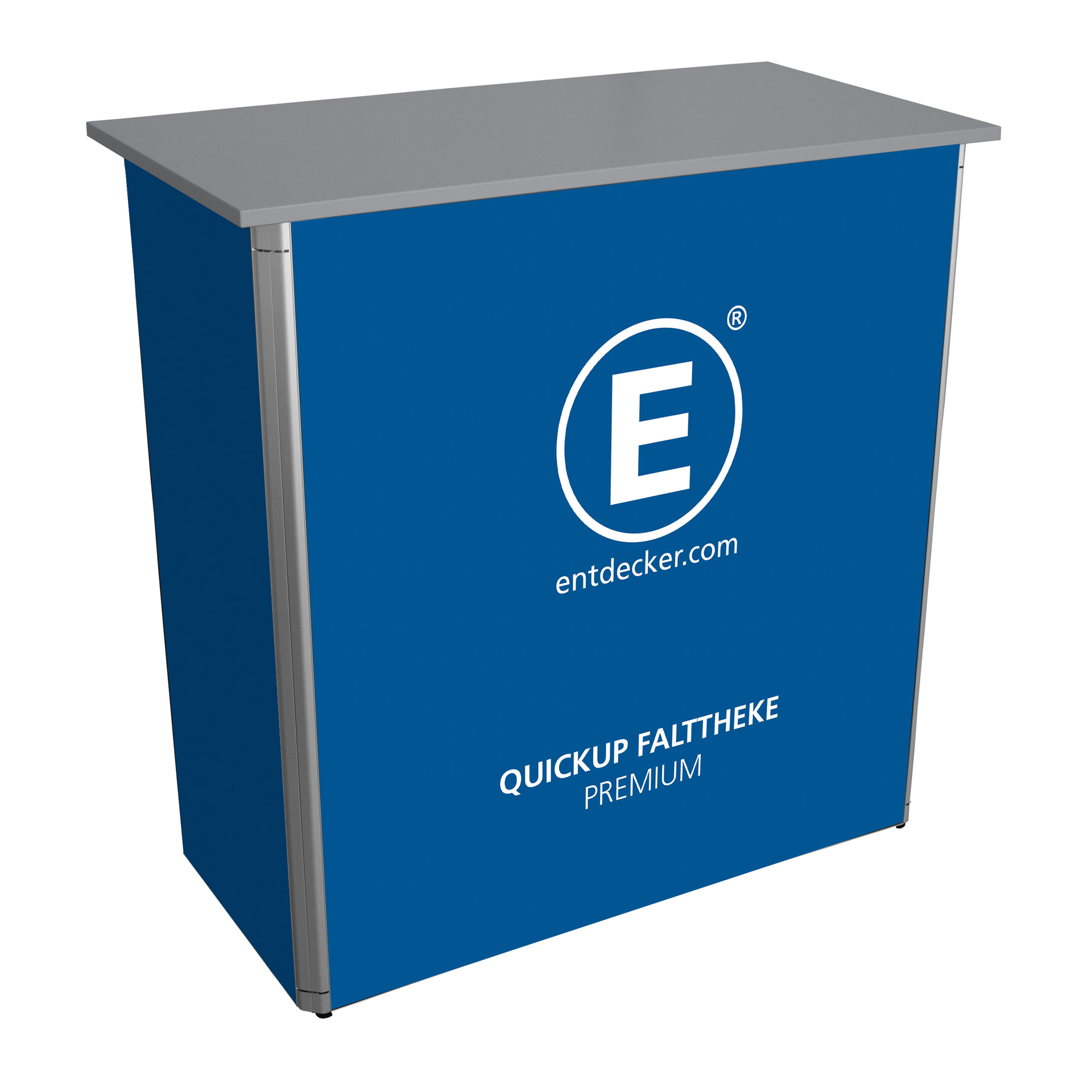 Klapptheke Quickup Premium in Grau mit blauer Front und weißem Logo von ENTDECKER.