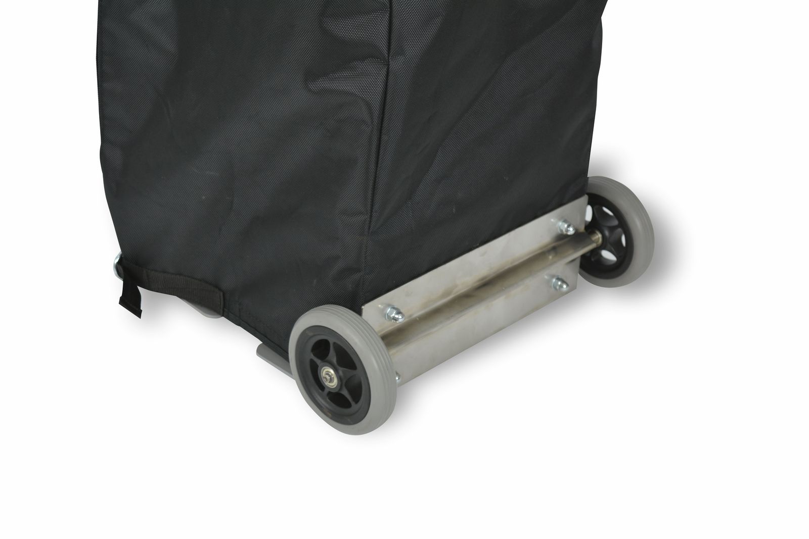 Transporttasche mit Rollen, schwarz, aus robustem Material, mit stabilen Rädern.