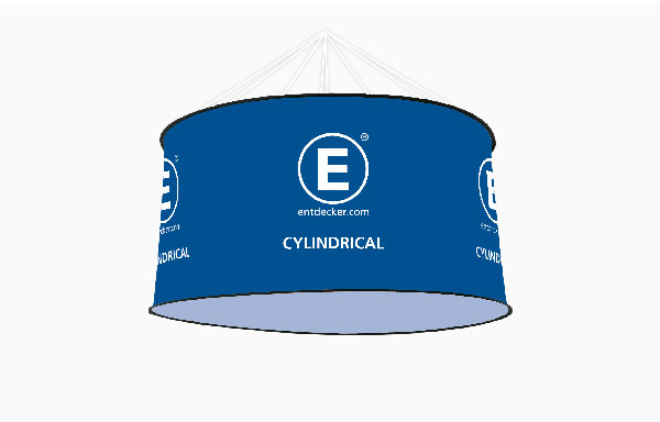 Deckenhänger Cylindrical in mittlerer Größe, blau mit dem Schriftzug 'CYLINDRICAL' und dem Logo von ENTDECKER.
