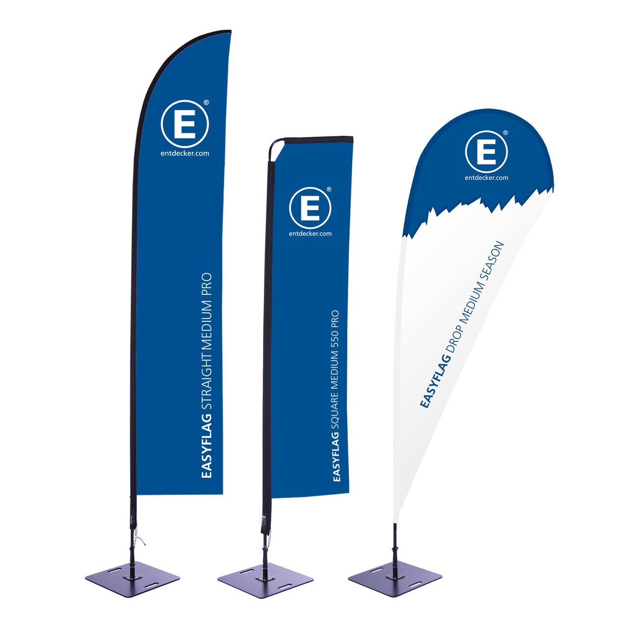 Verschiedene Beachflags mit Entdecker-Logo und verschiedenen Grafiken.