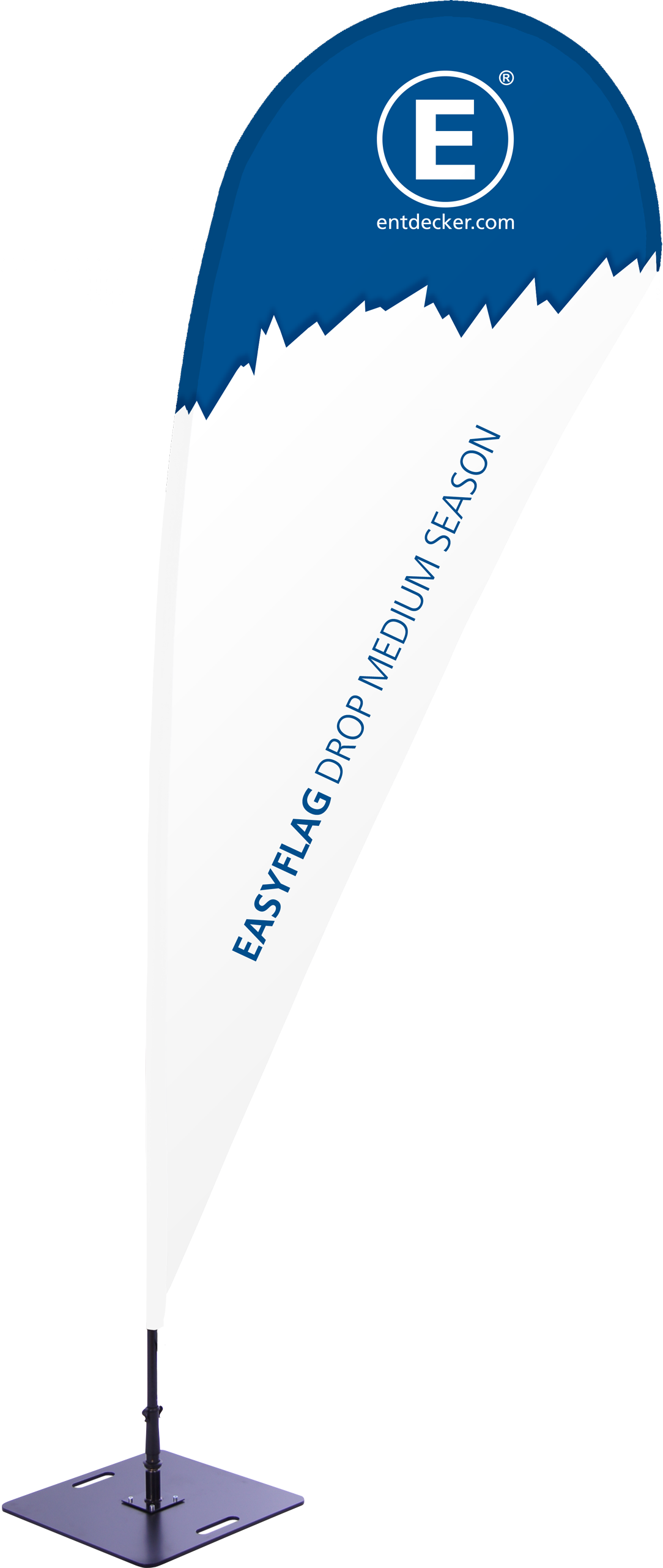 Beachflag 'Easyflag Season' in Tropfenform, einseitig bedruckt, mit blauem oberen Teil und weißem unteren Teil, auf einem stabilen Fuß.