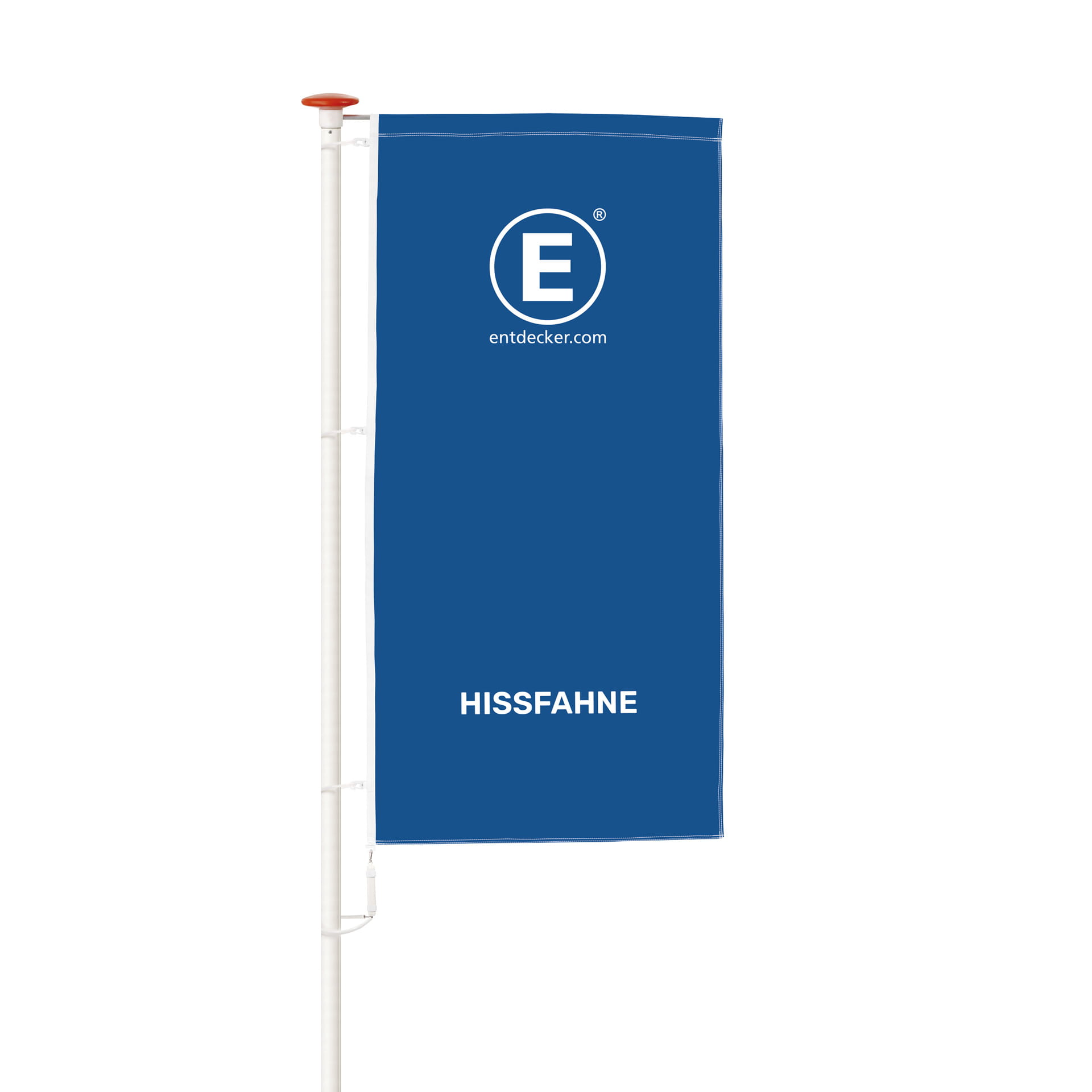 Blaue Hissfahne mit dem Text HISSFAHNE und dem Logo von ENTDECKER.