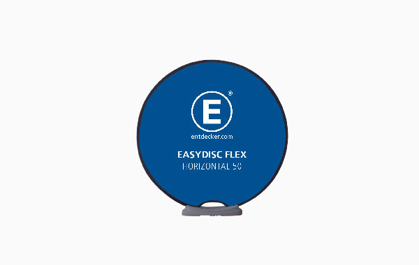 Werbedisplay Easydisc mit horizontaler Befestigung, 50 Magnete, blau mit Logo 'E' und Schriftzug 'EASY DISC FLEX'