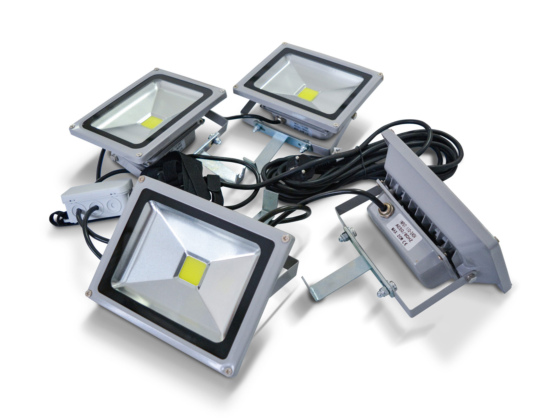 Faltzelt LED Strahler Easy Hold, vier Strahler montiert an einem Gestell, Kabel sichtbar.