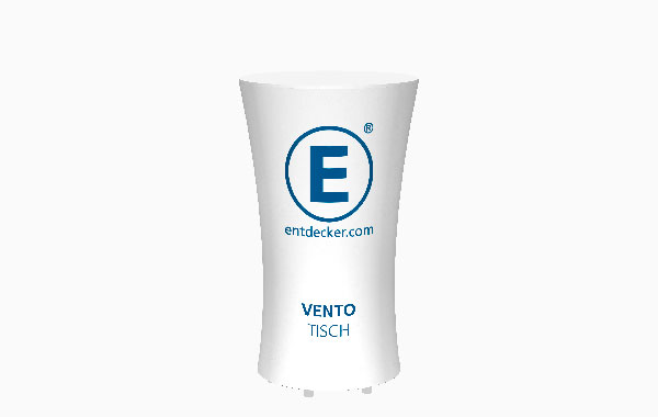 Ventotheke Ventotisch aus Stoff, weiß mit blauem Logo von ENTDECKER und der Aufschrift 'VENTO TISCH'.