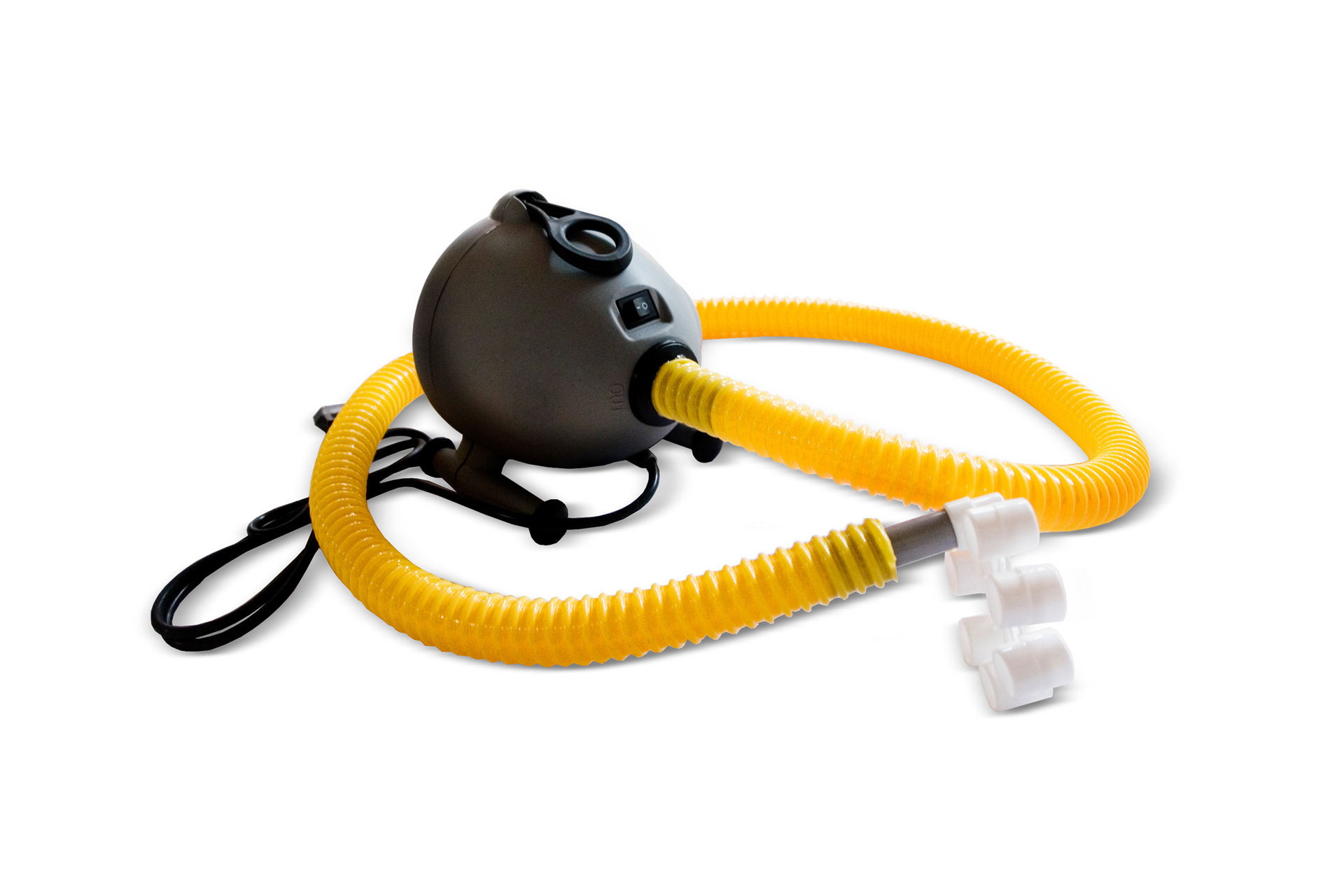 Vento Elektro Pumpe von ENTDECKER mit gelbem Schlauch und schwarzem Gehäuse, 1000W Leistung.