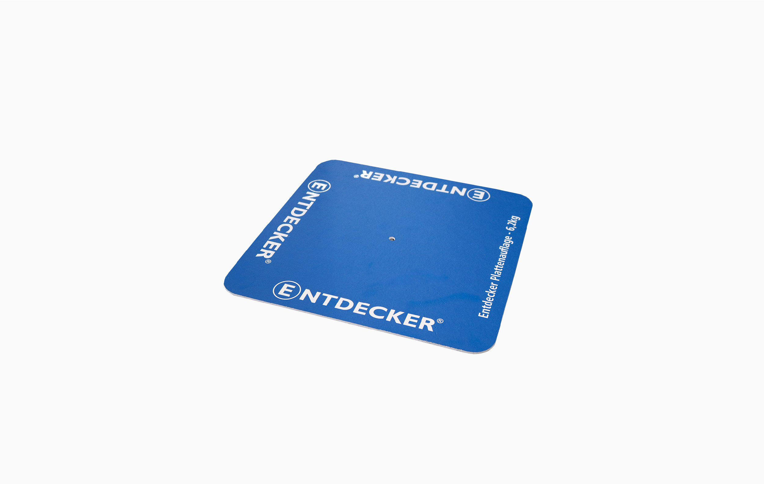 Abdeckplatte von ENTDECKER, Größe 6.2 kg, quadratisch, blaue Farbe, mit zentralem Loch.