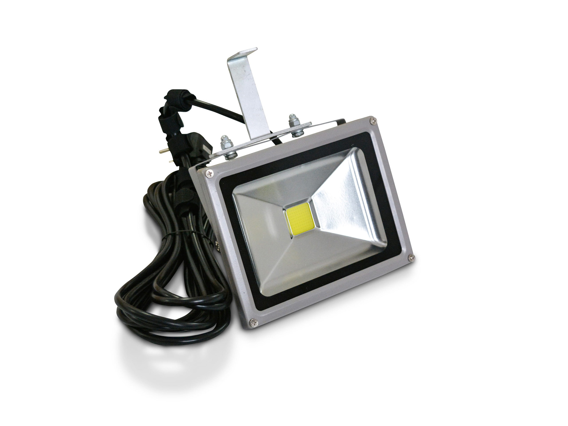 LED-Strahler für Faltzelt, quadratische Form, silberne Oberfläche, montiert an einem Zeltgestänge.