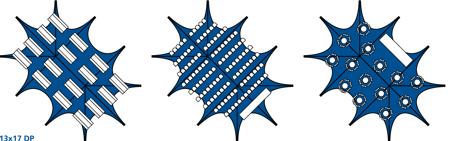 Drei Ansichten des Sternzelts Jh Static 13X17 DP mit Bestuhlung, das verschiedene Anordnungen zeigt.
