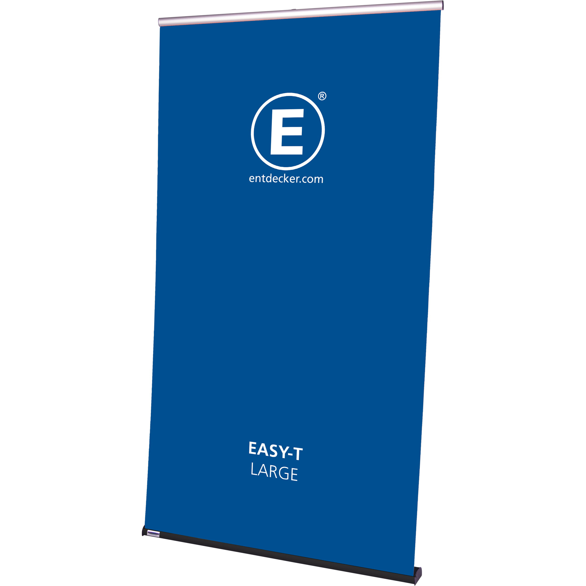 Zwei Roll-Up Banner des Produkts Rollup Easy-T Roll Up Set Small X Large in blauer Farbe mit dem Logo E und der Website entdecker.com.