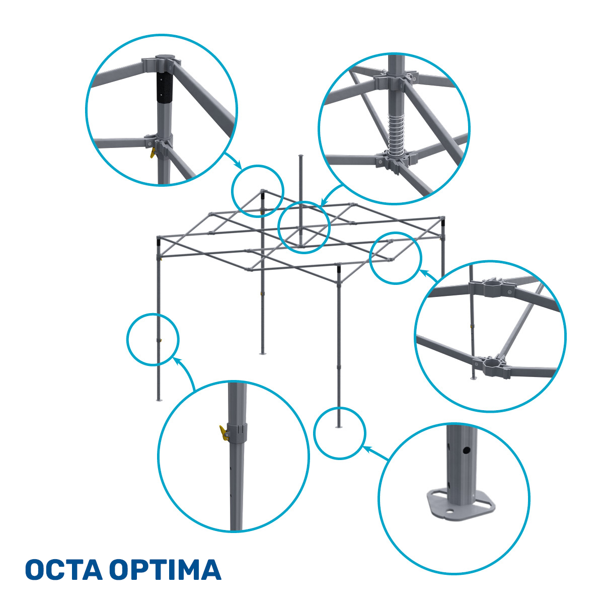 Faltzelt Octa Pro Fuß mit silbernen Aluminiumbeinen und gelben Verriegelungsmechanismen.