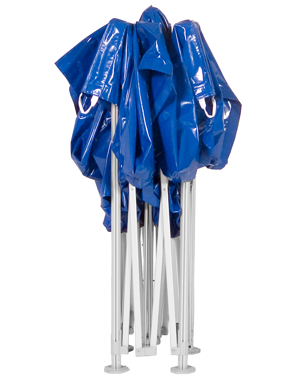 Zusammengeklappter blauer Pavillon mit silbernen Stangen.