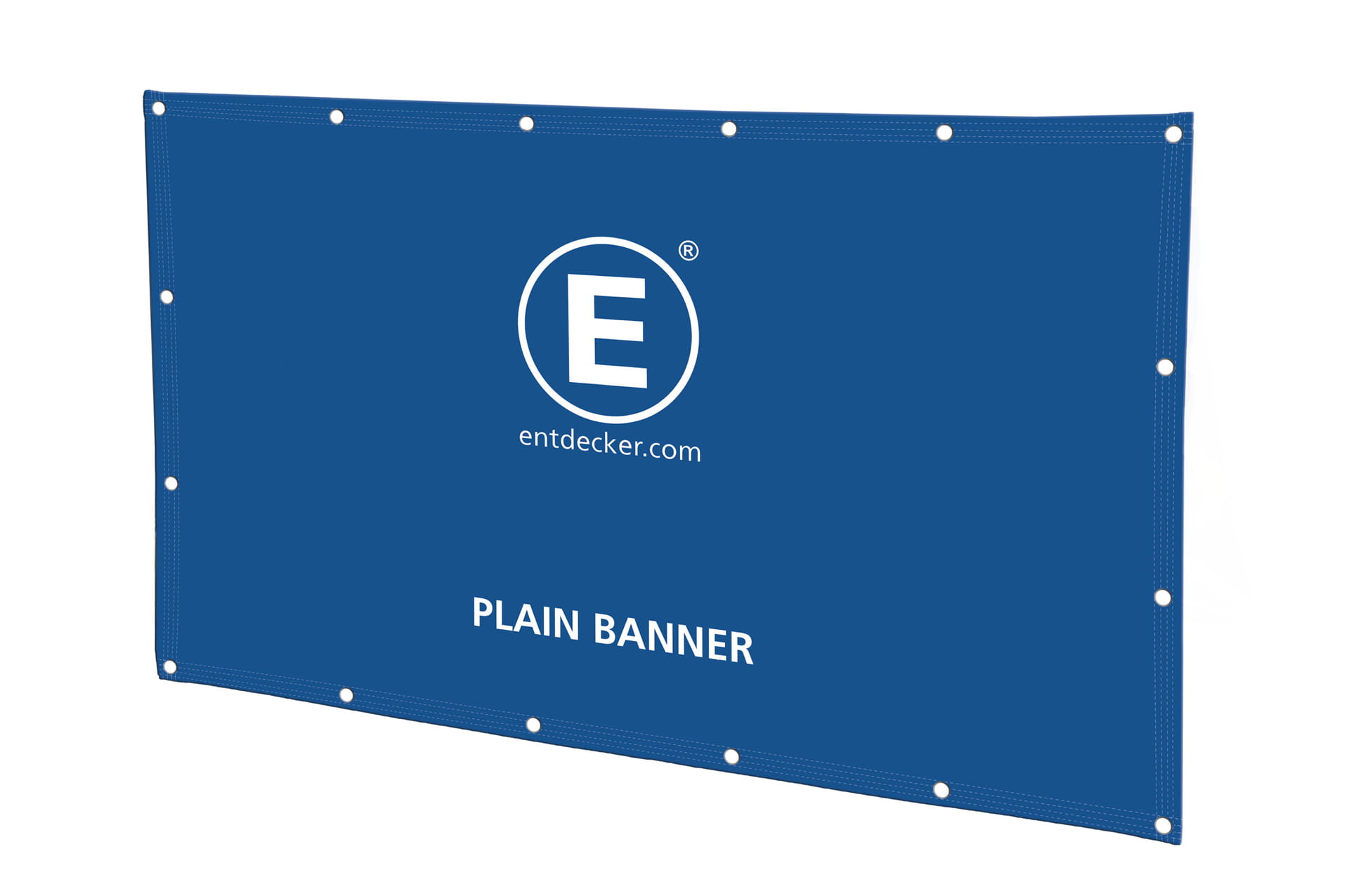 XL Werbebanner aus Stoff in Blau mit Ösen, bedruckt mit dem Logo E und dem Text PLAIN BANNER.