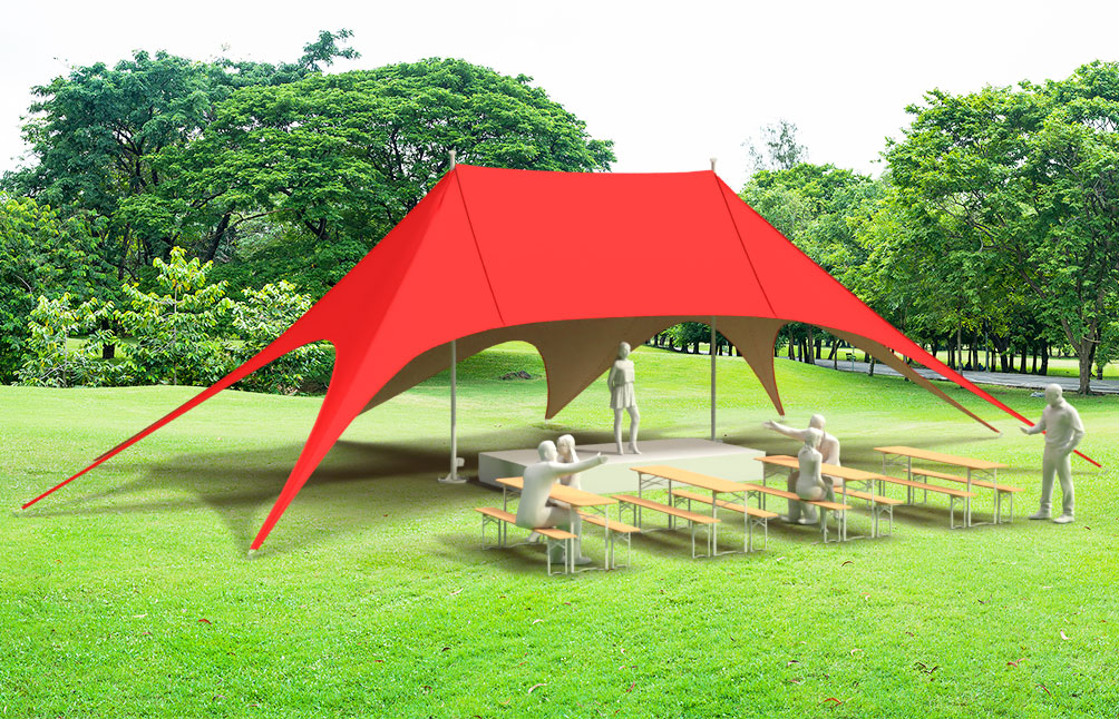 Rotes Sternzelt 'Sternzelt Jh Static 11X17 Stage Park' auf einer Wiese mit Tischen und Bänken.