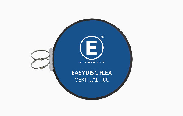 Werbedisplay Easydisc Flex Vertical 100 mit zwei Metallschellen zur Befestigung, in Blau mit Logo.
