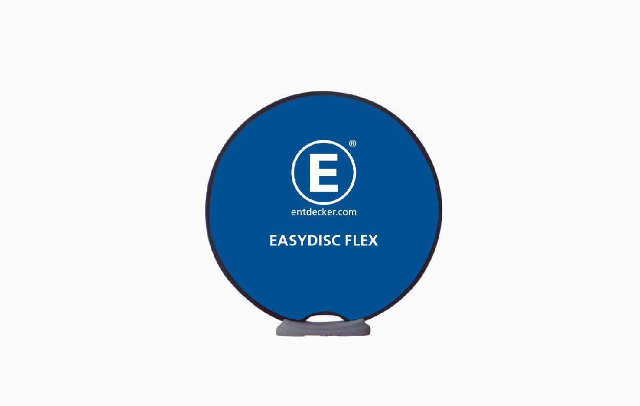 Rundes Werbedisplay 'Easydisc Flex' in blauer Farbe mit weißem Logo von ENTDECKER.