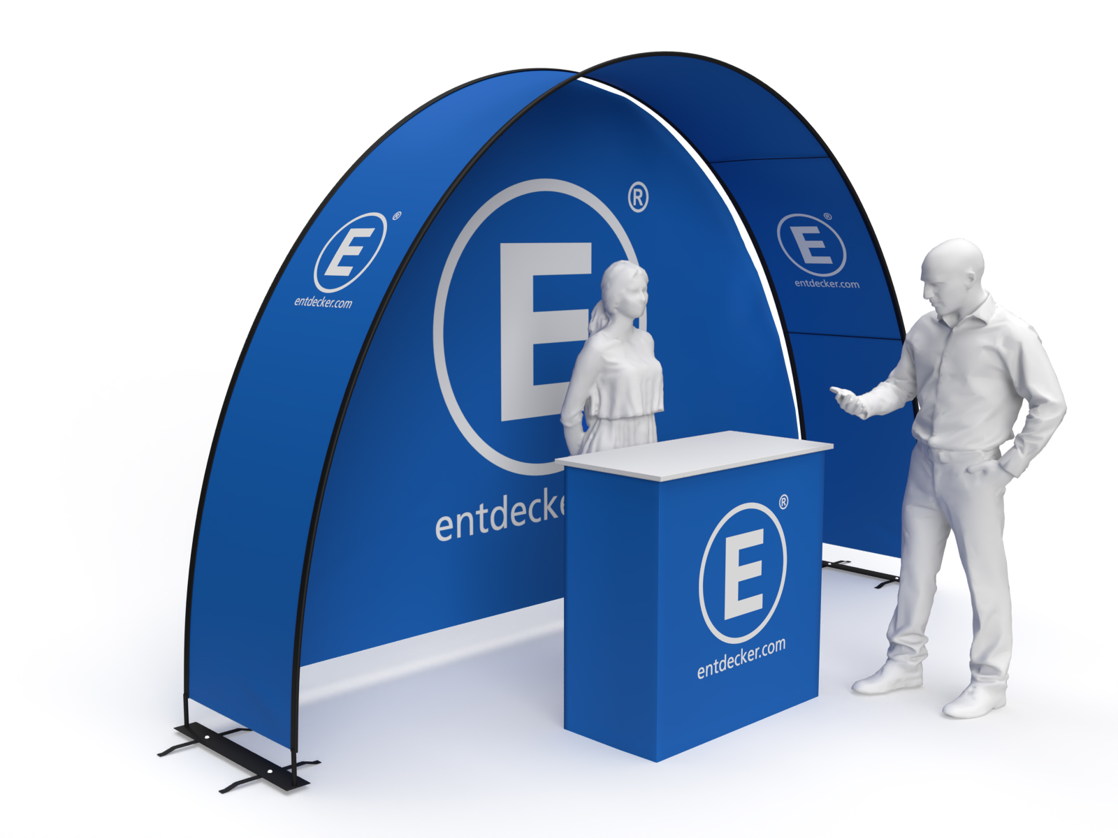 Eventbogen Displaybow Rückwand in Blau mit dem Logo E und der Website entdecker.com