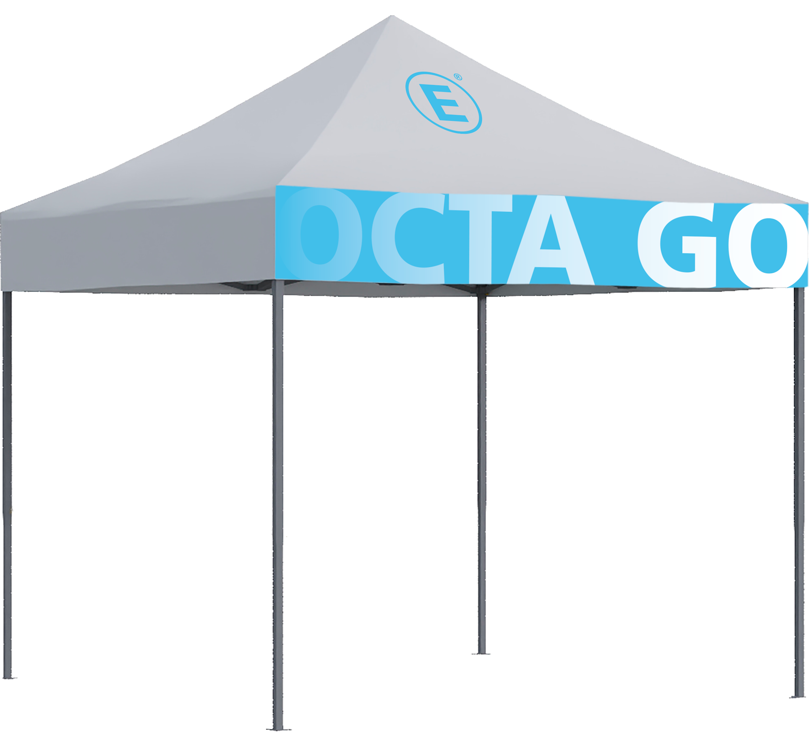Faltzelt 3x3m Octa Go mit vollem Druck in Blau und Weiß, markiert mit dem Logo von ENTDECKER.