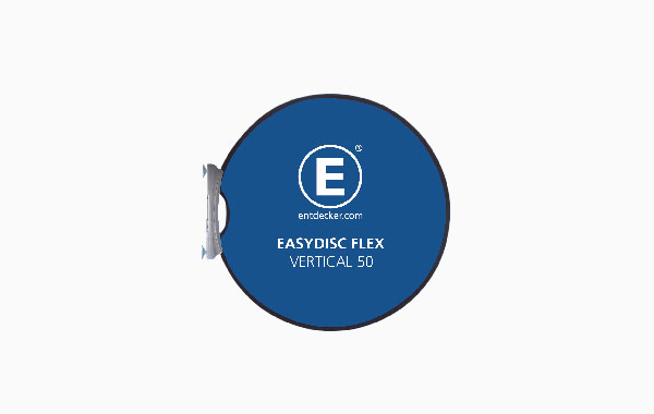Werbedisplay Easydisc Befestigung Vertical 50 mit Saugnäpfen, runde Form, blaue Oberfläche mit weißem Logo und Text.
