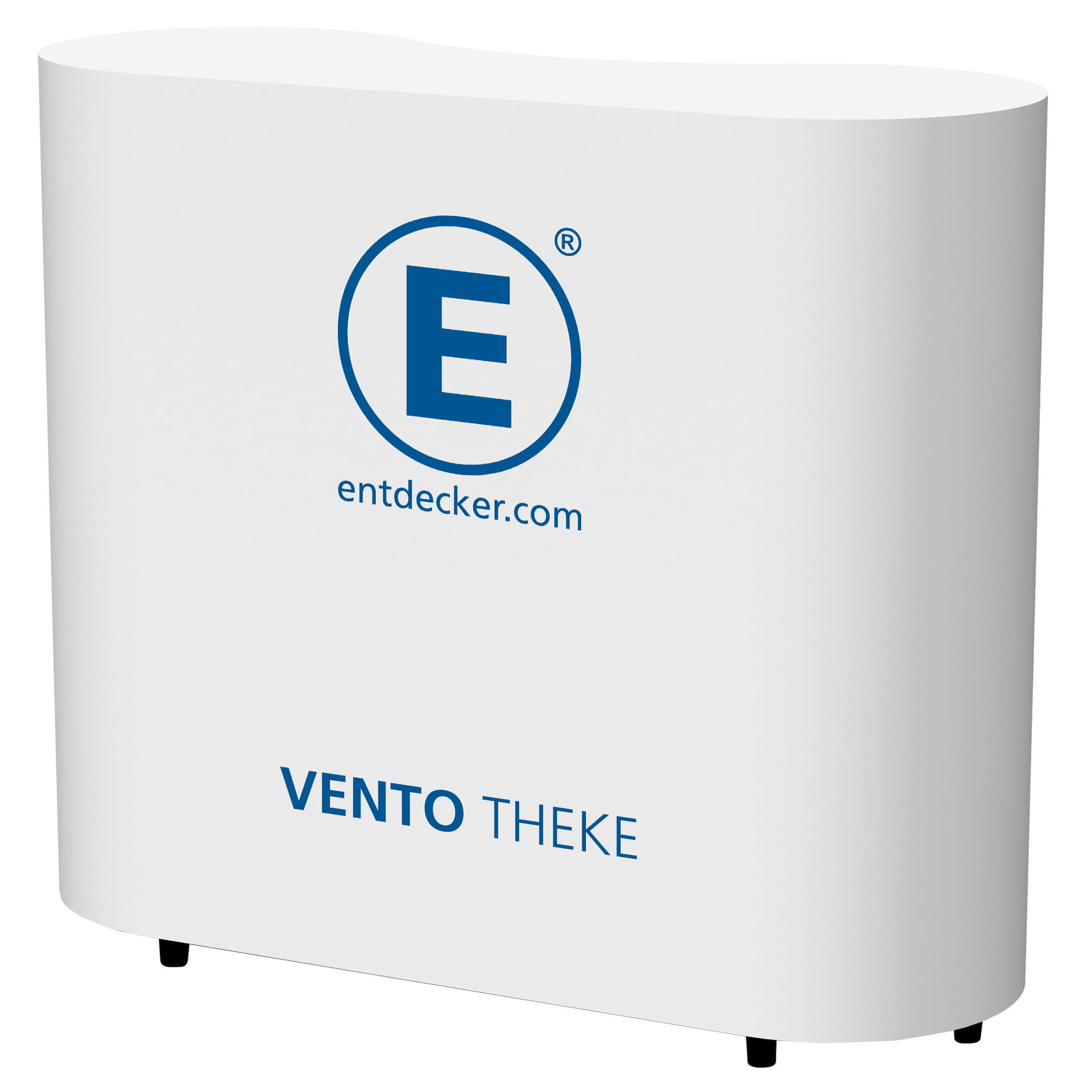 Aufblasbare Theke Vento von ENTDECKER, weiß mit blauer Schrift und Logo.