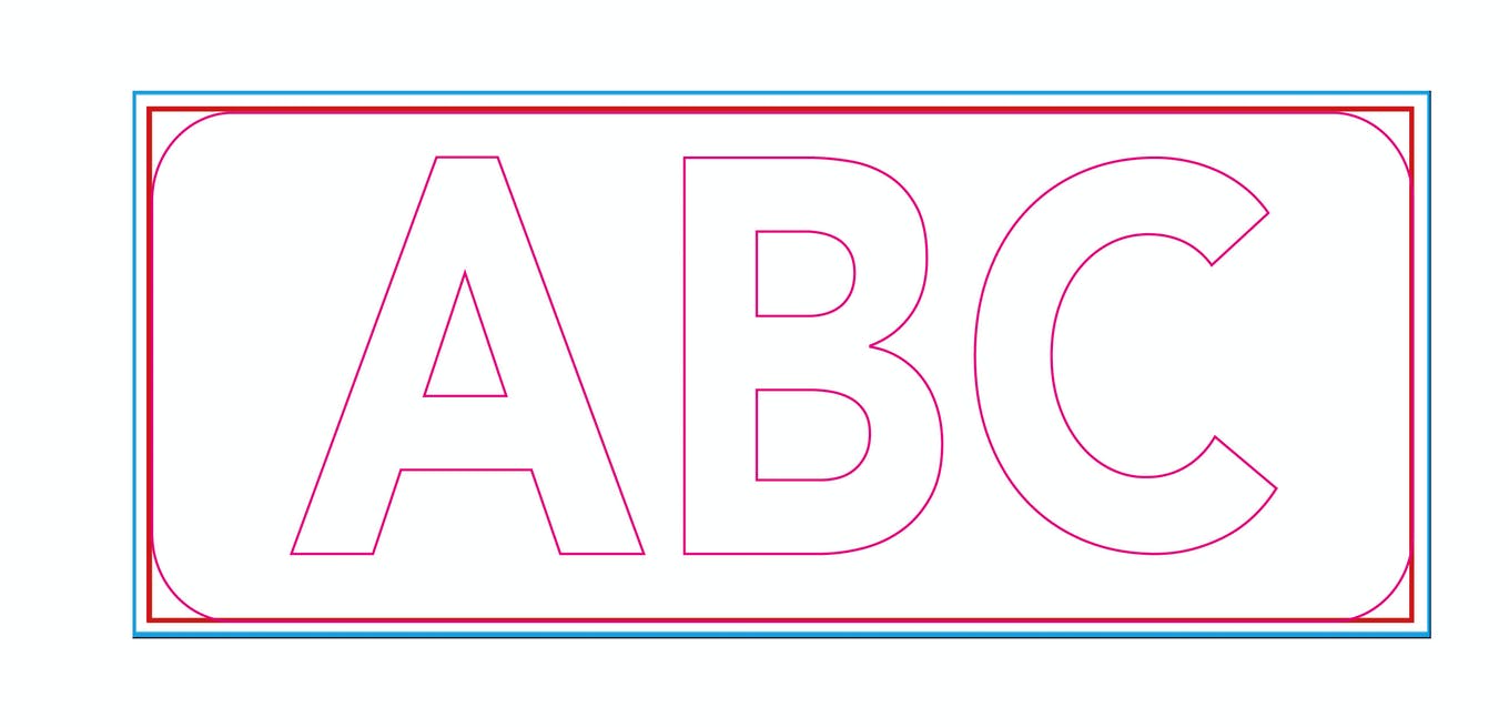 Grafische Darstellung der Schnittkontur für ausgesparte Fräsbuchstaben mit den Buchstaben 'ABC' in der Mitte.