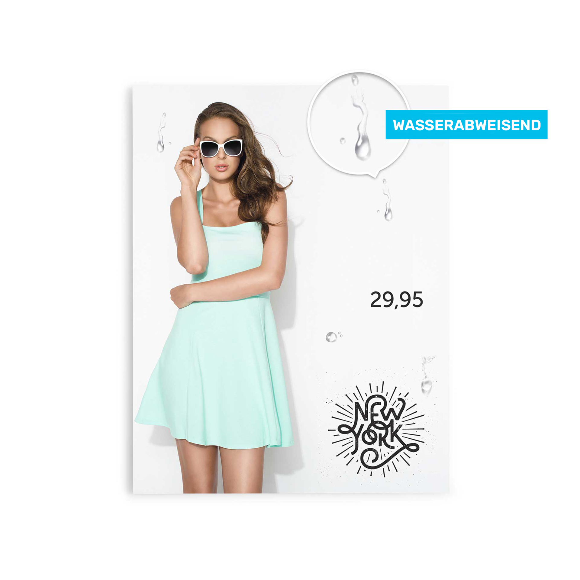 Wasserfestes Poster mit einem Model in einem mintgrünen Kleid, das Sonnenbrillen trägt. Preis: 29,95 €.