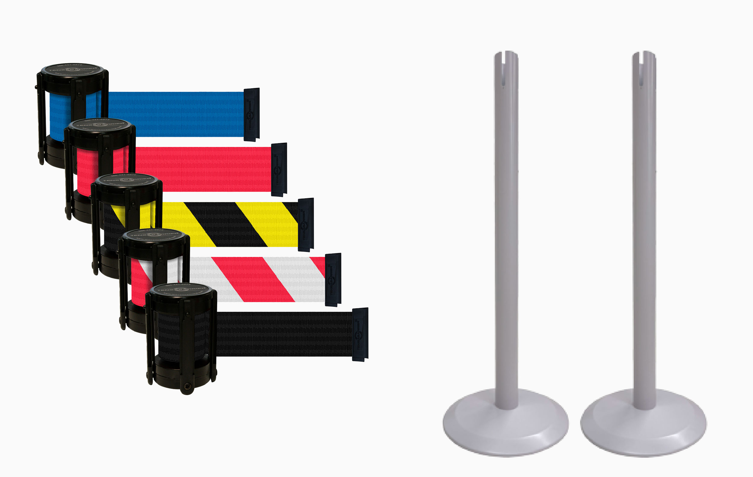 Set von Tensator mit verschiedenen Absperrbandfarben und zwei Ständern.