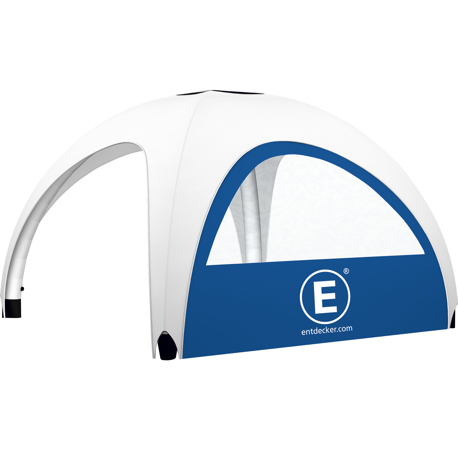 Aufblasbares Zelt Vento mit geschlossener Seitenwand in Blau und Weiß, mit sichtbarem Logo von ENTDECKER.