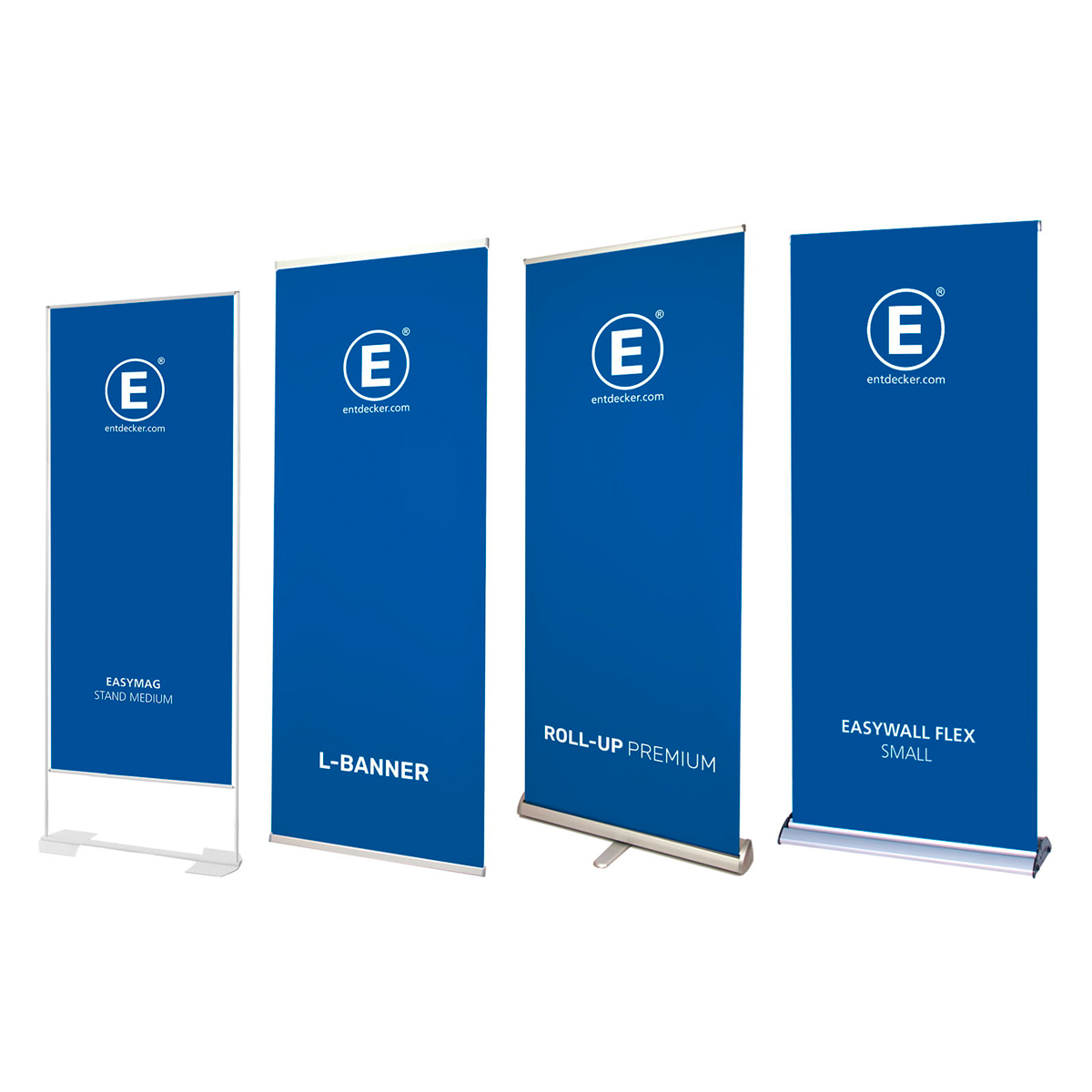 Verschiedene Rollup-Displays von ENTDECKER: Easymag Stand Medium, L-Banner, Roll-Up Premium, Easywall Flex Small.