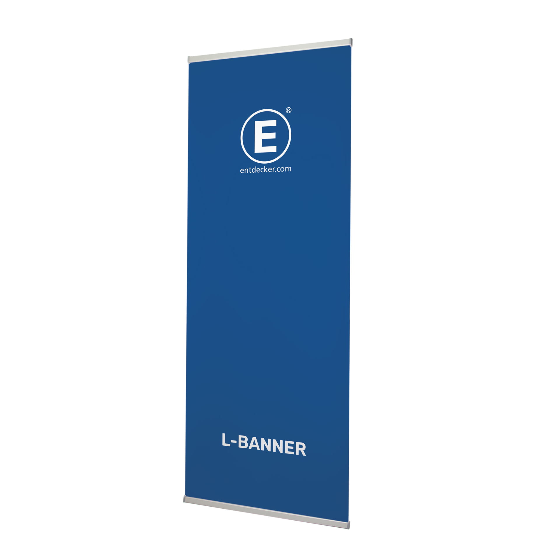 Blaues L-Banner mit dem Text L-BANNER und dem Logo von ENTDECKER.