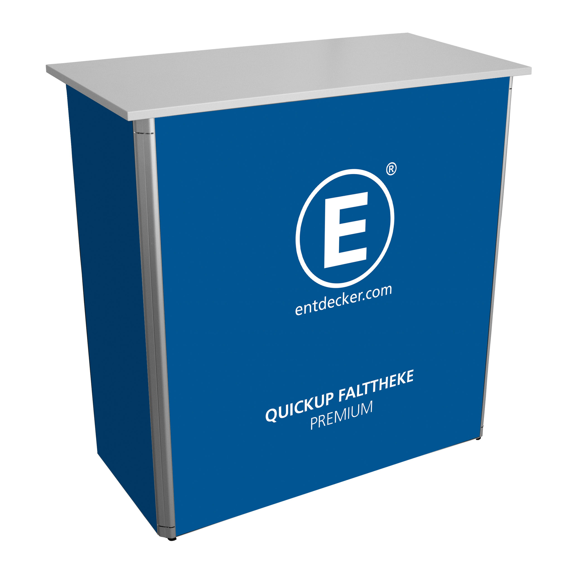 Messetheke Quickup Falttheke Premium in Blau mit weißem Logo von ENTDECKER und Schriftzug QUICKUP FALTHTHEKE PREMIUM.