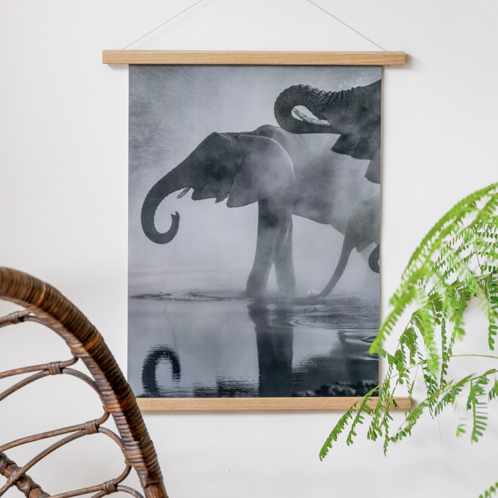 Posterleisten Motiv mit einem Bild von Elefanten im Nebel, hängend an einer Wand.