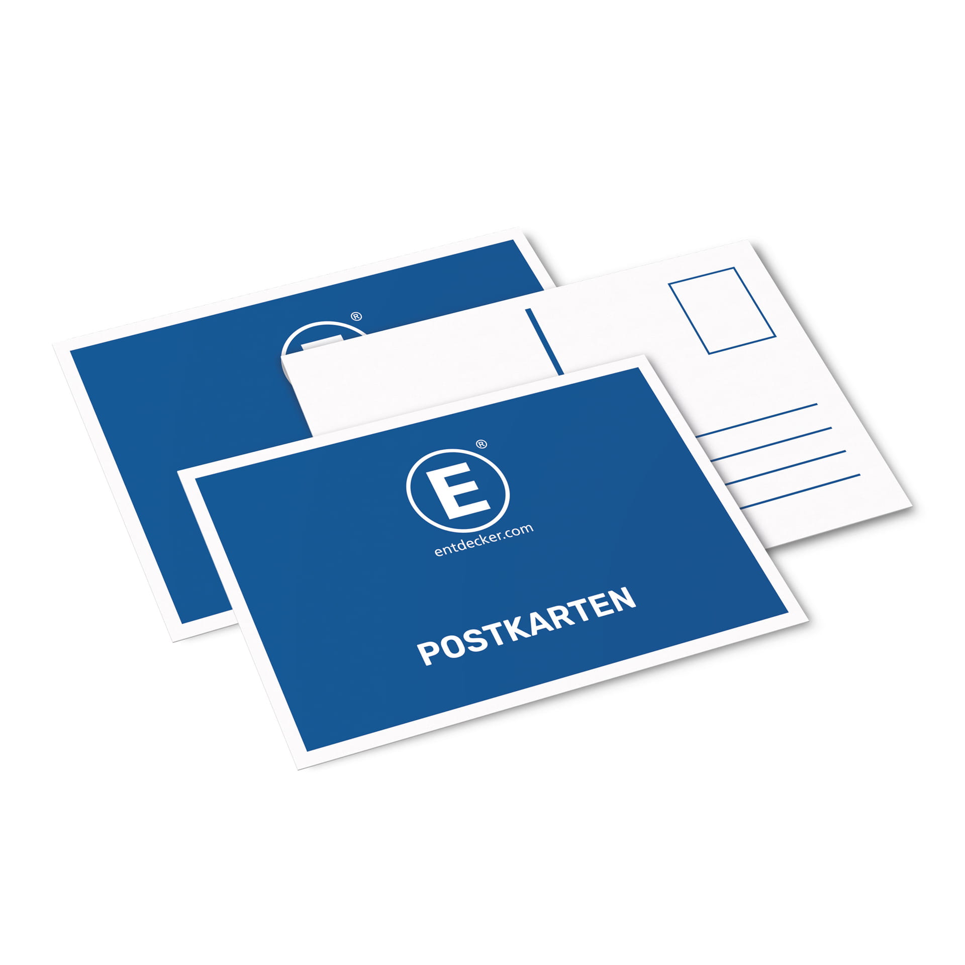 Drei bedruckte Postkarten in Blau mit dem Text POSTKARTEN und dem Logo von ENTDECKER.