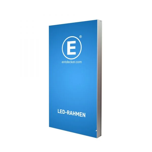 LED-Rahmen von ENTDECKER in blau mit weißem Logo und Schriftzug 'LED-RAHMEN'