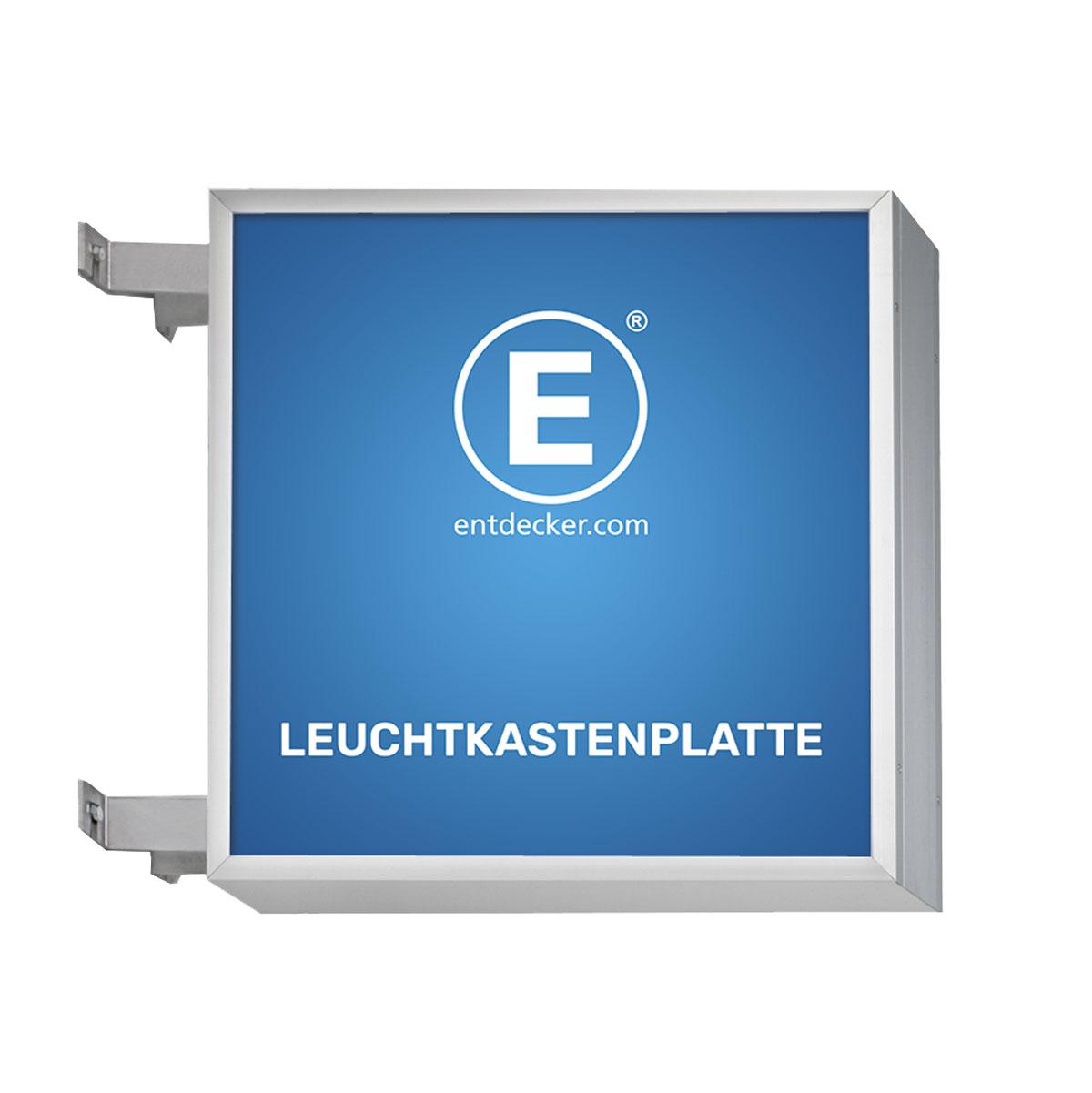 Leuchtkastenscheibe mit blauem Hintergrund und weißem Text LEUCHTKASTENPLATTE, Marke ENTDECKER, quadratische Form.