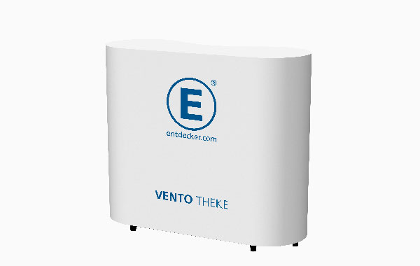 Vento Theke Set mit weißem, ovalem Design und blauer Schrift 'VENTO THEKE' sowie Logo von ENTDECKER.
