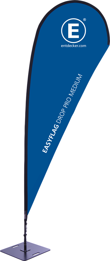 Beachflag 'Easyflag Pro' in blauer Farbe mit weißem Text 'EASYFLAG DROP PRO MEDIUM', auf einem stabilen Standfuß.