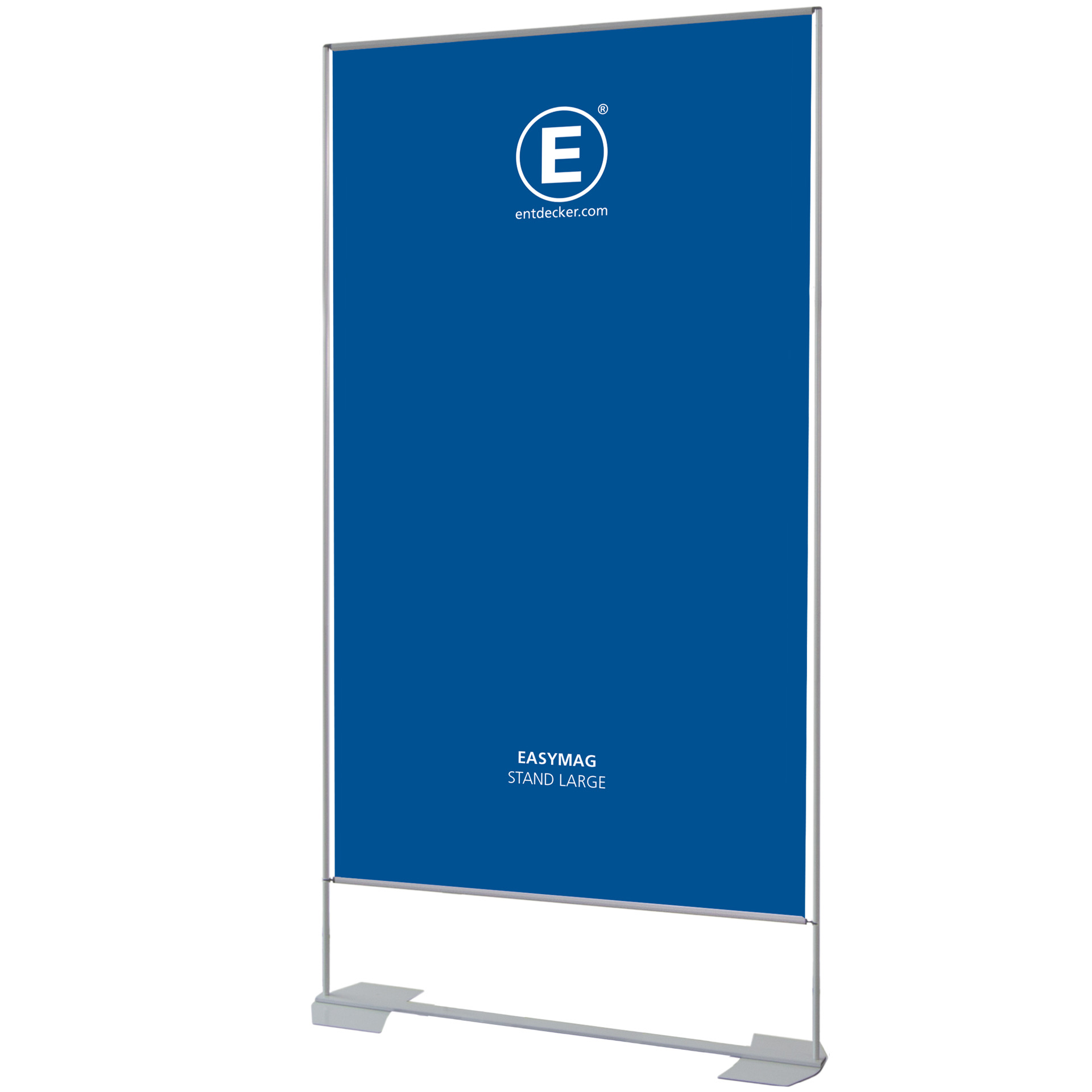 Zwei Easymag Ständer in verschiedenen Größen: links der Easymag Stand Small, rechts der Easymag Stand X-Large, beide mit blauer Oberfläche und dem Logo von ENTDECKER.