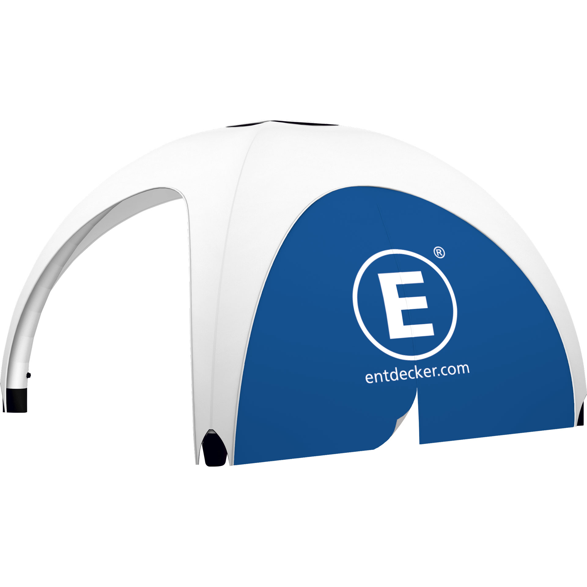 Aufblasbares Zelt Vento mit Seitenwand und Fenster in Weiß und Blau, Marke ENTDECKER, für Outdoor-Veranstaltungen.