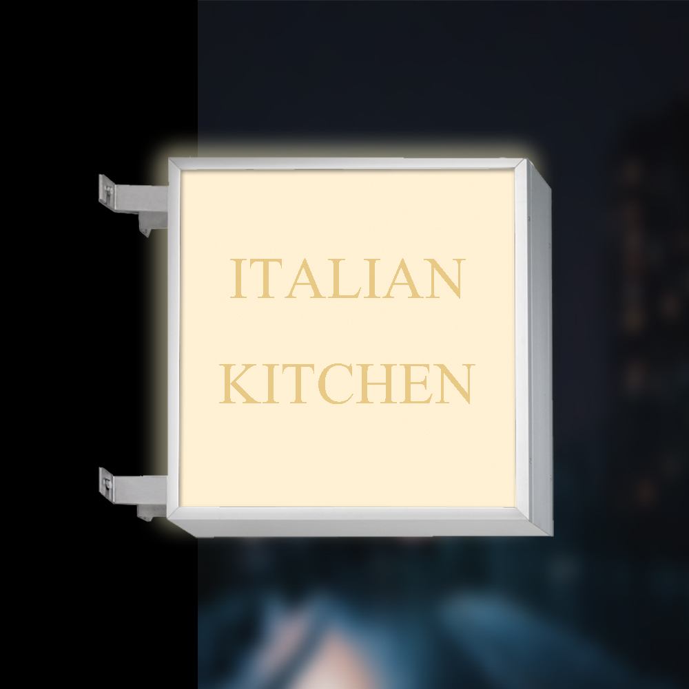 Leuchtkastenscheibe von ENTDECKER mit der Aufschrift 'ITALIAN KITCHEN' in goldener Schrift.