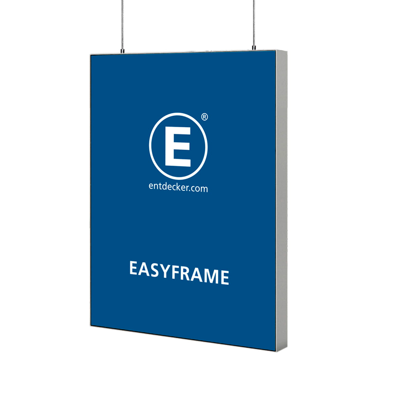 Hängeschild des Produkts 'Easyframe' von ENTDECKER in quadratischer Form, blau mit weißem Logo und Schriftzug.