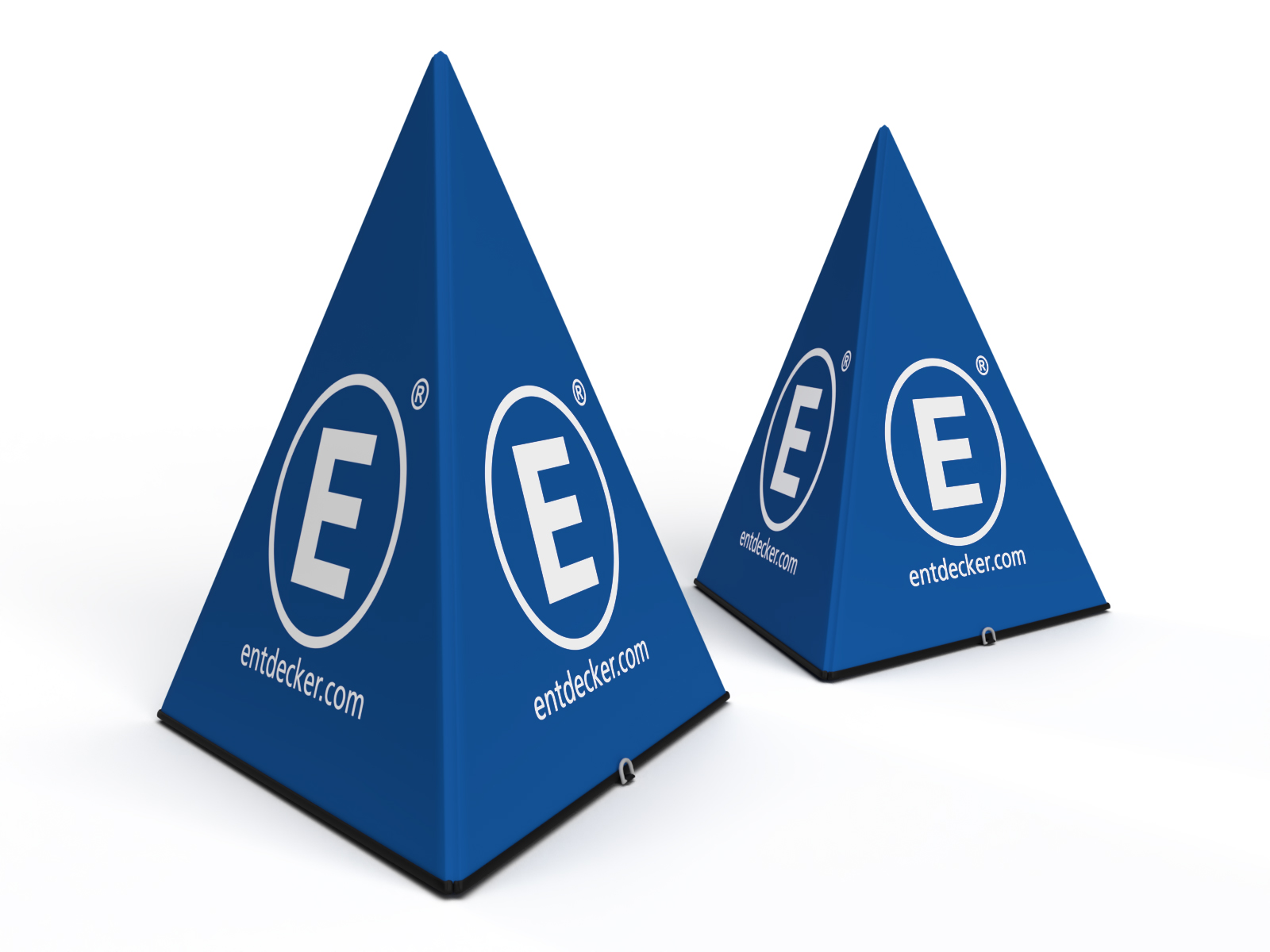Faltbarer Aufsteller Pyramide zusammenklappbar in zusammengeklapptem Zustand, mit buntem Design und Rabattangebot.