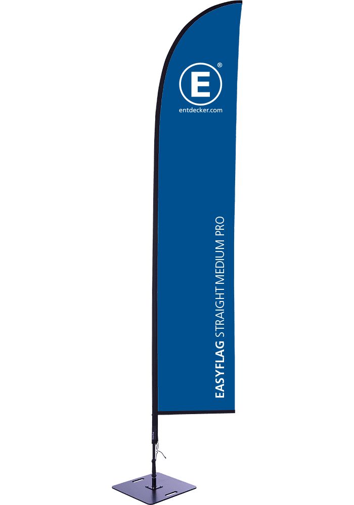 Beachflag in Segelform, einseitig bedruckt, von der Marke ENTDECKER, mit blauem Design und dem Schriftzug 'EASYFLAG STRAIGHT MEDIUM PRO'.