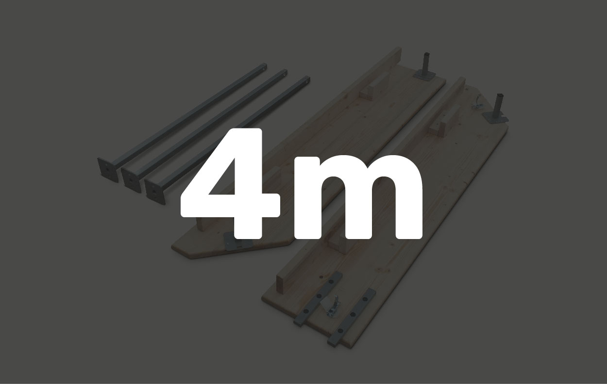 Zubehör für Faltzelt, bestehend aus Holztheke mit 4m Länge und Metallstützen.