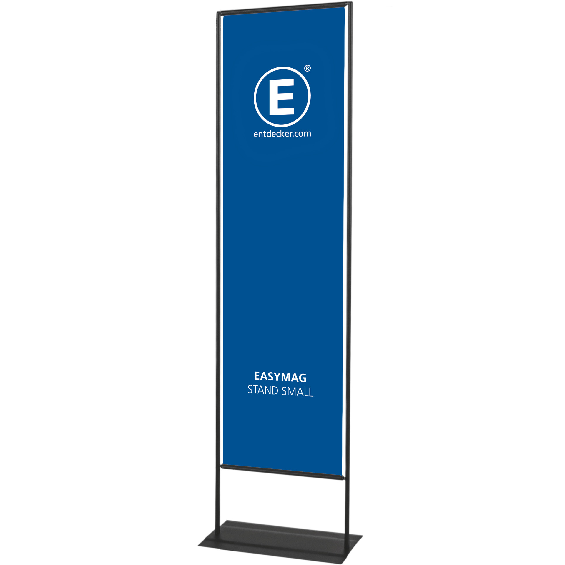 Zwei Easymag Ständer in verschiedenen Größen: links der Easymag Stand Small, rechts der Easymag Stand X-Large, beide mit blauer Oberfläche und dem Logo von ENTDECKER.