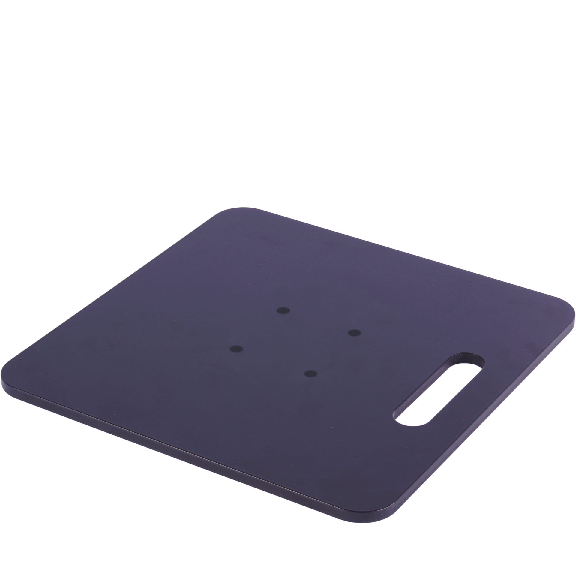 Bodenplatte für Beachflags, 9 kg, quadratisch, schwarz, mit Griff und Löchern zur Befestigung.